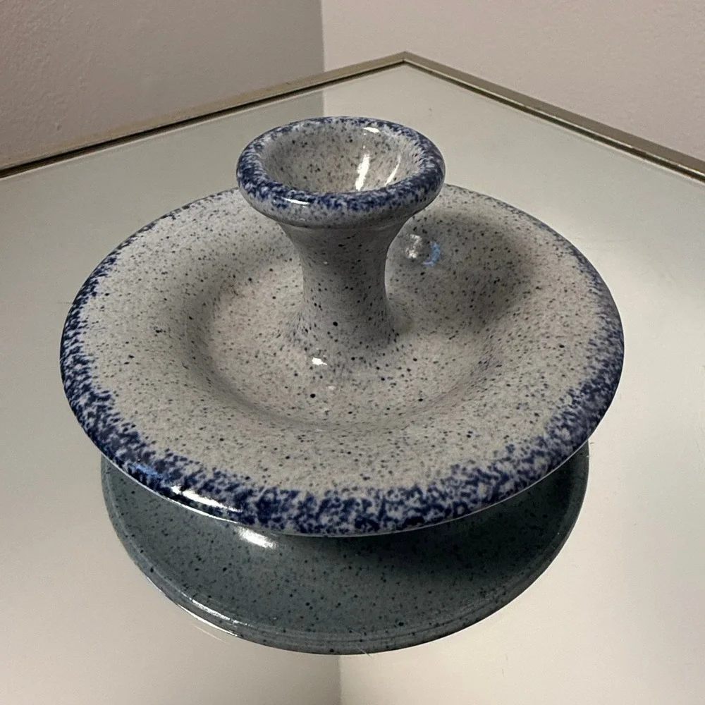 Vintage Blue Spongeware Ceramic‎ Taper Candle Holder Chamberstick Farmhouse